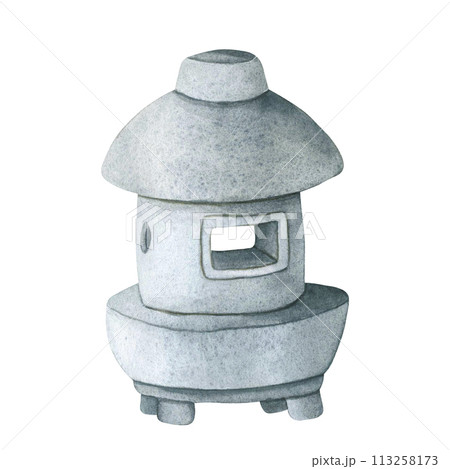 Japanese Stone Lantern for the Garden hand drawn in watercolor isolated on a white background. Hand drawn Watercolor illustration sculpture. Japanese stone statue, Landscape design element Japanese Stone Lantern for the Garden hand drawn in watercolor isolated on a white background. Hand drawn Watercolor illustration sculpture. Japanese stone statue, Landscape design element 113258173