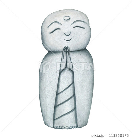 Jizo Bosatsu monk. Hand drawn watercolor illustration of Japanese Stone buddha Monk statue, Kamakura, Japan. Cute prayer Statue, healing Sculpture. Smiling Buddha Figurine 113258176