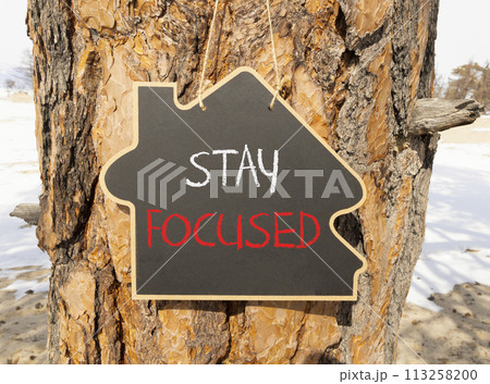 Stay focused symbol. Concept words Stay focused on beautiful black house blackboard. Beautiful tree background. Business, support, motivation, psychological stay focused concept. Copy space 113258200