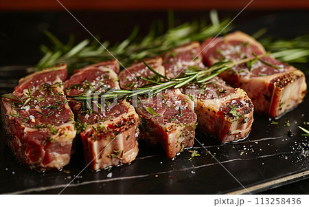 Raw Seasoned Lamb Chops Ready for Cooking 113258436
