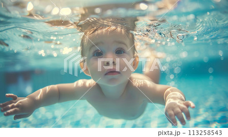A little baby smiling while having fun underwater 113258543