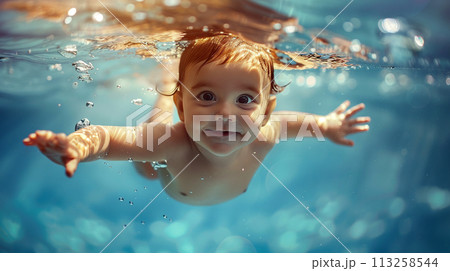 A little baby smiling while having fun underwater 113258544