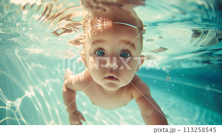 A wide-eyed baby explores underwater 113258545