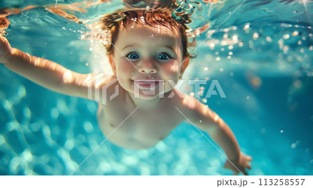 A joyful toddler swims underwater 113258557