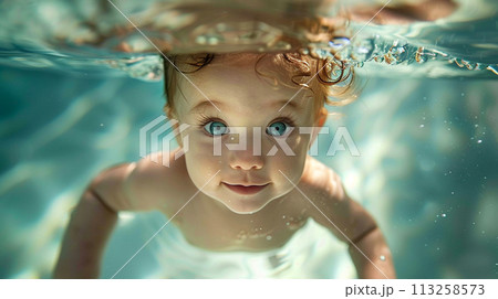 Curious baby swimming underwater, gazing up with bright blue eyes 113258573