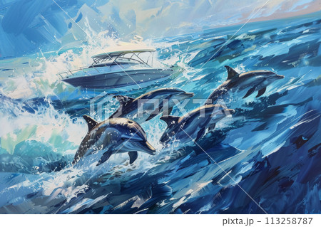 Dolphins and Yacht at Sea 113258787