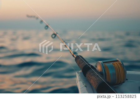 Fishing Rod Over Ocean Sunset Fishing Rod Over Ocean Sunset 113258825