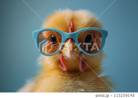 Little cute yellow chick wearing blue sunglasses against blue background 113259148