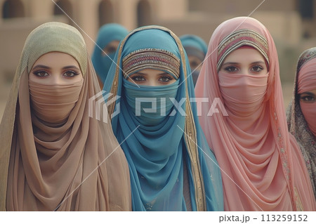 Young islamic women friends wearing colorful abaya and taking selfie together 113259152