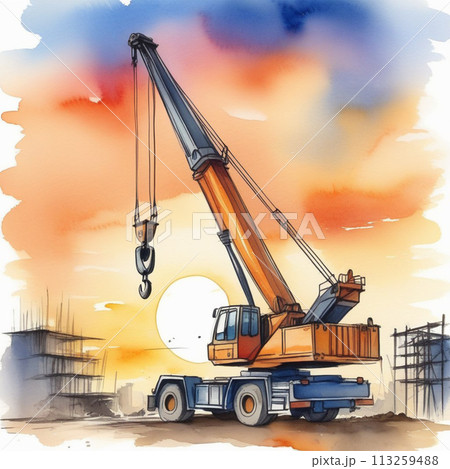 construction crane on sunset background illustration 113259488