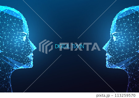 Digital twins, artificial intelligence futuristic concept with two identical faces facing each other Digital twins, artificial intelligence futuristic concept with two identical faces facing each other 113259570