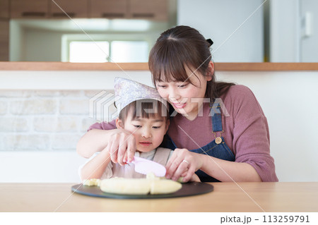 お母さんの料理を手伝う女の子 113259791