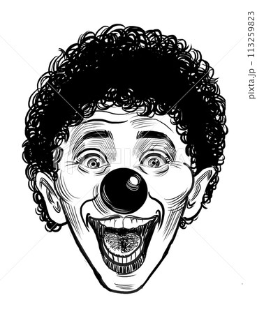 Happy clown face. Hand drawn retro styled black and white illustration 113259823