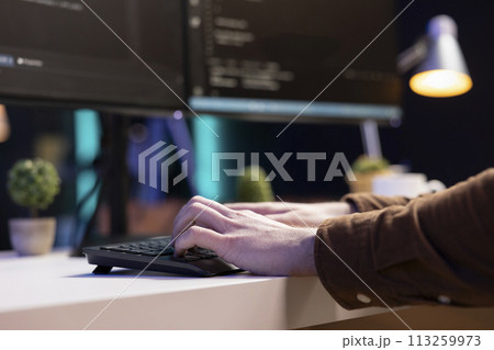 Teleworking system administrator futureproofing company network from downtimes and unexpected failures. Remote IT employee typing on keyboard, increasing data security, close up 113259973