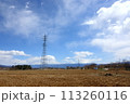 早春の田園と鉄塔、雲に隠れる富士山 113260116