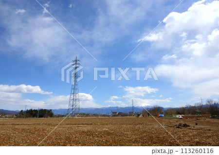 早春の田園と鉄塔、雲に隠れる富士山 早春の田園と鉄塔、雲に隠れる富士山 113260116