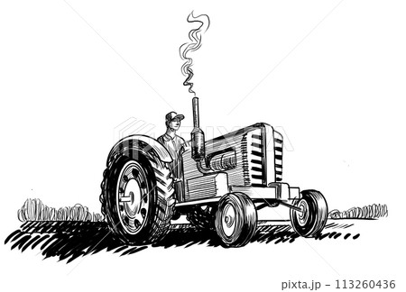 Farmer on tractor. Hand drawn retro styled black and white illustration 113260436