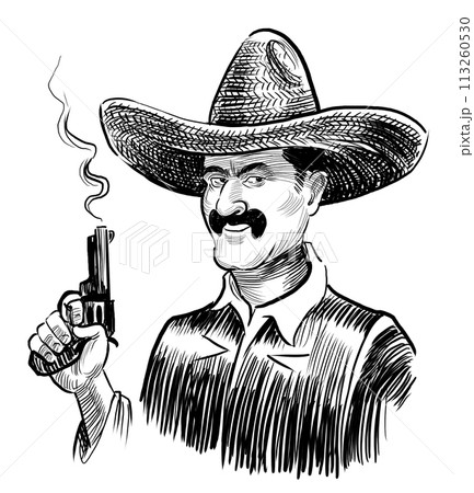 Mexican bandit with a smoking revolver. Hand drawn retro styled black and white illustration Mexican bandit with a smoking revolver. Hand drawn retro styled black and white illustration 113260530