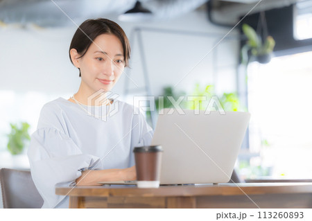 綺麗なオフィスやカフェでパソコンをする美人な女性 113260893