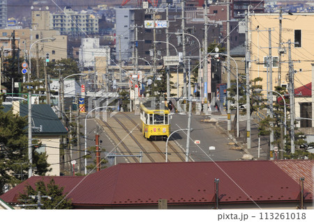 【ロゴ・ナンバー・運転手・車フロントガラスぼかし済】函館市電青柳町電停発車到着する黄色い電車 【ロゴ・ナンバー・運転手・車フロントガラスぼかし済】函館市電青柳町電停発車到着する黄色い電車 113261018