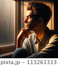 窓辺で考え事をする若い男性 113261313