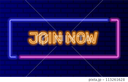 Neon sign join now in speech bubble frame on brick wall background vector. Light banner on the wall background. Join now button online registration, design template, night neon signboard Neon sign join now in speech bubble frame on brick wall background vector. Light banner on the wall background. Join now button online registration, design template, night neon signboard 113261628