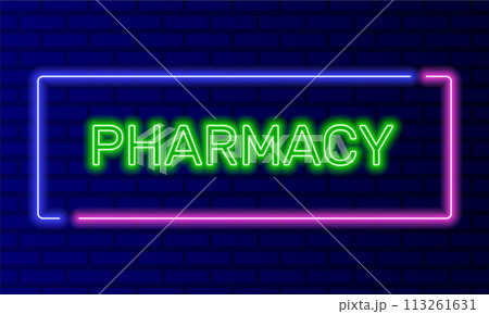 Neon sign pharmacy in speech bubble frame on brick wall background vector. Light banner on the wall background. Pharmacy button medicines and pills, design template, night neon signboard Neon sign pharmacy in speech bubble frame on brick wall background vector. Light banner on the wall background. Pharmacy button medicines and pills, design template, night neon signboard 113261631