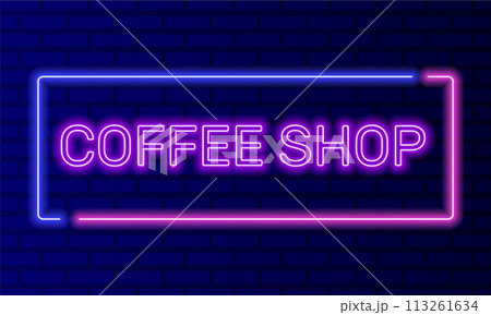 Neon sign coffee shop in speech bubble frame on brick wall background vector. Light banner on the wall background. Coffee shop button espresso barista, design template, night neon signboard 113261634