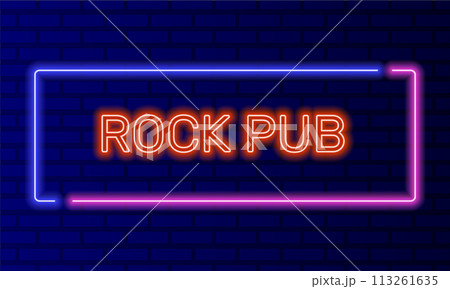 Neon sign rock pub in speech bubble frame on brick wall background vector. Light banner on the wall background. Rock pub button guitar night cafe, design template, night neon signboard Neon sign rock pub in speech bubble frame on brick wall background vector. Light banner on the wall background. Rock pub button guitar night cafe, design template, night neon signboard 113261635