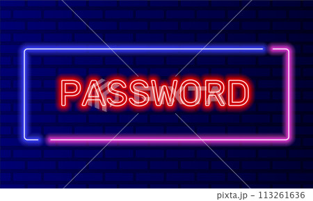 Neon sign password in speech bubble frame on brick wall background vector. Light banner on the wall background. Password button user access, design template, night neon signboard Neon sign password in speech bubble frame on brick wall background vector. Light banner on the wall background. Password button user access, design template, night neon signboard 113261636