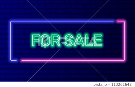 Neon sign for sale in speech bubble frame on brick wall background vector. Light banner on the wall background. For sale button discount and advertising, design template, night neon signboard Neon sign for sale in speech bubble frame on brick wall background vector. Light banner on the wall background. For sale button discount and advertising, design template, night neon signboard 113261648