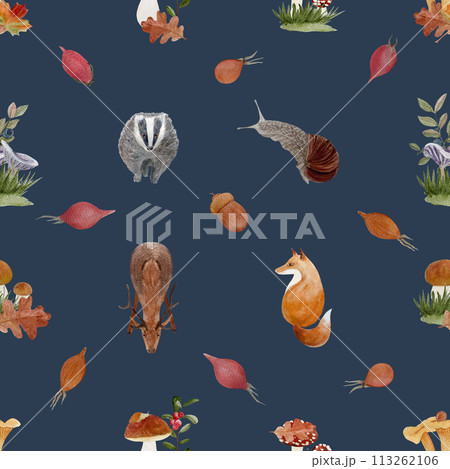 Autumn forest wild animals and plants watercolor seamless pattern on dark blue 113262106