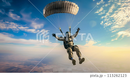 A skydiver dress in colorful gear descends...のイラスト素材 [113262123] - PIXTA