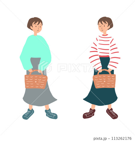 バスケットを持つ女性のイラストセット バスケットを持つ女性のイラストセット 113262176