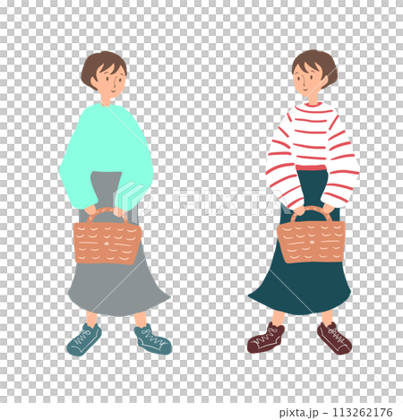 バスケットを持つ女性のイラストセット バスケットを持つ女性のイラストセット 113262176