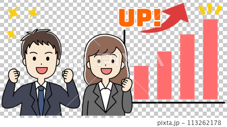Illustration of a man and woman in suits who are happy with an upward trending graph - Improved performance 113262178