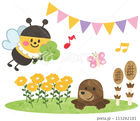 可愛い動物と植物の春のカットイラスト 113262181