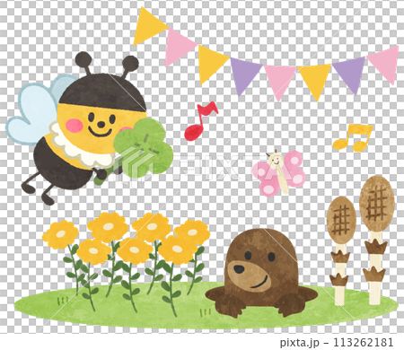 可愛い動物と植物の春のカットイラスト 113262181