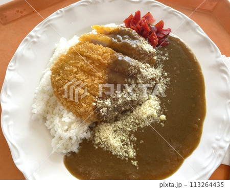 【カレーライス】ゲレンデ・スキー場でランチに食べるロースカツカレー(斜めから･アップ) 113264435