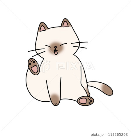 A cartoon cat is sitting on its back legs and licking its paw 113265298