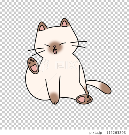 A cartoon cat is sitting on its back legs and licking its paw 113265298
