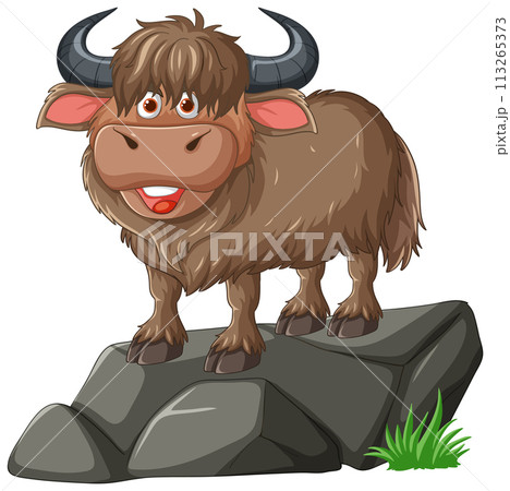 Happy Cartoon Yak on a Rock 113265373