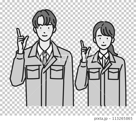 指差しポーズをする作業服姿の男性と女性(上半身) 指差しポーズをする作業服姿の男性と女性(上半身) 113265865