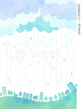 梅雨、背景、シルエット、水彩、街並み、かわいい、イラスト、縦型、青、寒色 113266085