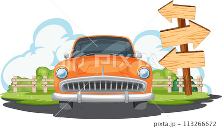 Vintage Car at Crossroads Signpost 113266672