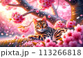 満開の桜の中、ベンガルがこちらを向いている。 113266818