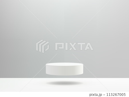 3D white cylinder podium floats in the air on a white floor on gray background 113267005