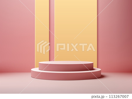 3D pink podium with a yellow wall in the pink background. Product mockup display 3D pink podium with a yellow wall in the pink background. Product mockup display 113267007