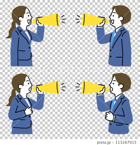 Men and women cheering with megaphones, suits Men and women cheering with megaphones, suits 113267015