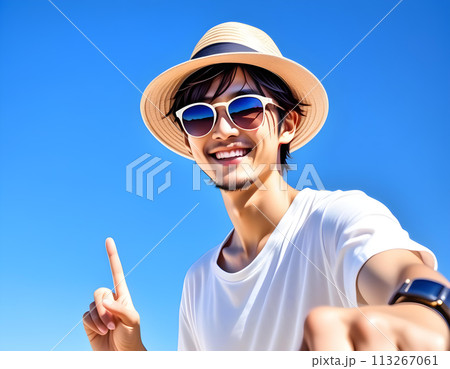 麦わら帽子とサングラスをかけた笑顔のハンサムな男性(青空、ビーチの背景)。観光、旅行、AI生成 113267061